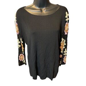 Vintage Euro X Black Top with Floral Crocheted Sleeves Sz XL